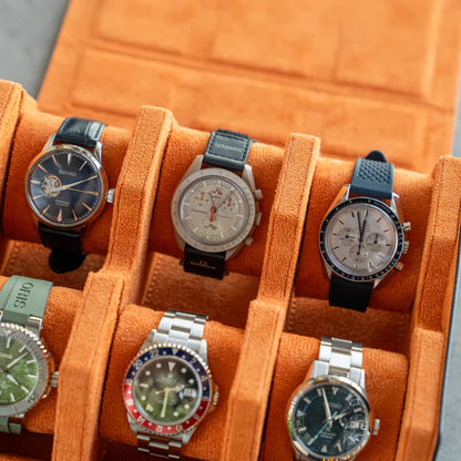 Scatola Porta Orologi Esagonale – 6 Slot (Nero/Arancione)